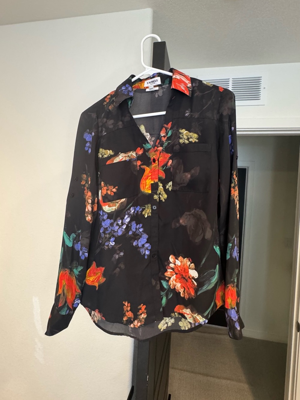 Express Black Floral Button-Down Shirt with Red and Purple Accents
